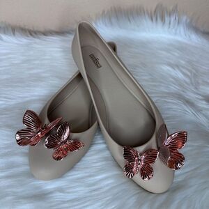 Melissa Women's Doll Rose Gold Butterfly Ballet Flats Nude Size 8